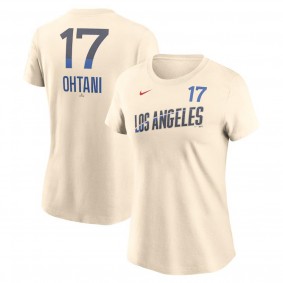 Women's Los Angeles Dodgers Shohei Ohtani Cream 2024 City Connect Fuse Name & Number T-Shirt